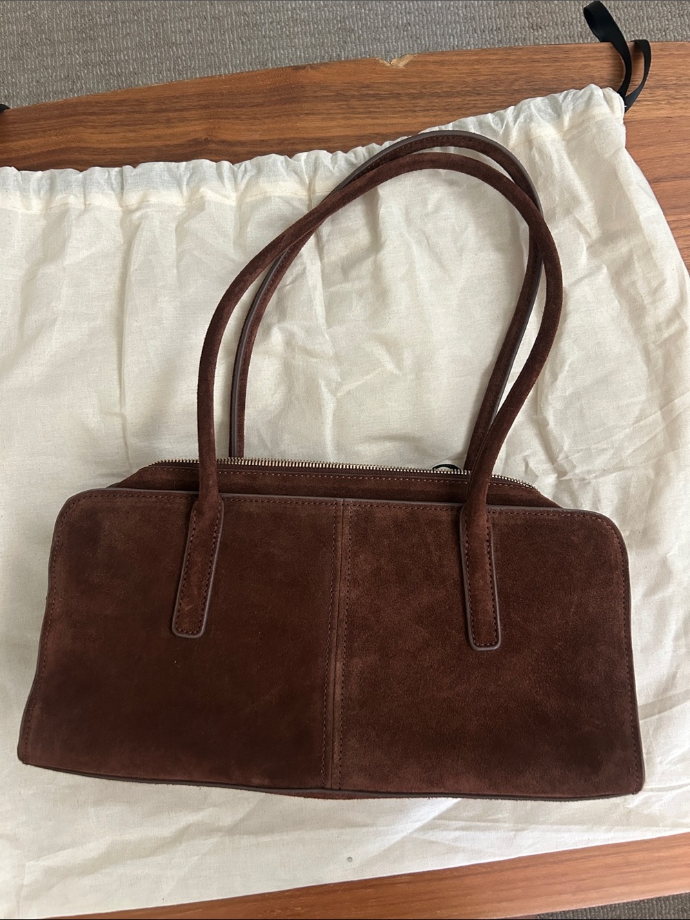 Quince Bea Cognac Suede Long-Handle Shoulder Bag - Picture 3 of 5